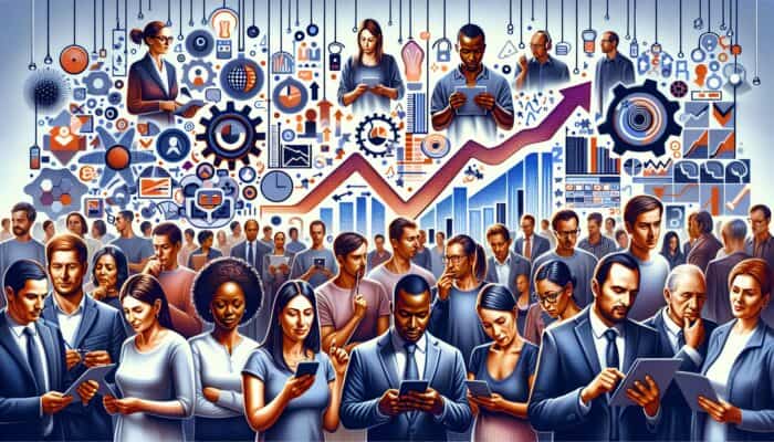 Diverse group using surveys, polls, and reviews, with charts analyzing feedback.