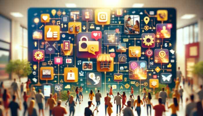 How to Create Content for Social Commerce: A colorful social media interface showing seamless product purchases, influencer promotions, and live selling events.