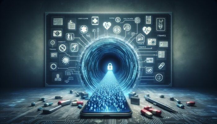A digital tunnel with encrypted data between smartphones, healthcare and finance icons, symbolizing end-to-end encryption and trust.