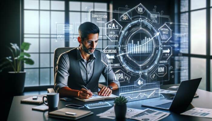 A focused marketer in a modern office analyzes video ad ROI on holographic screens, showing rising conversion graphs, CPA charts, and notes with a coffee mug.