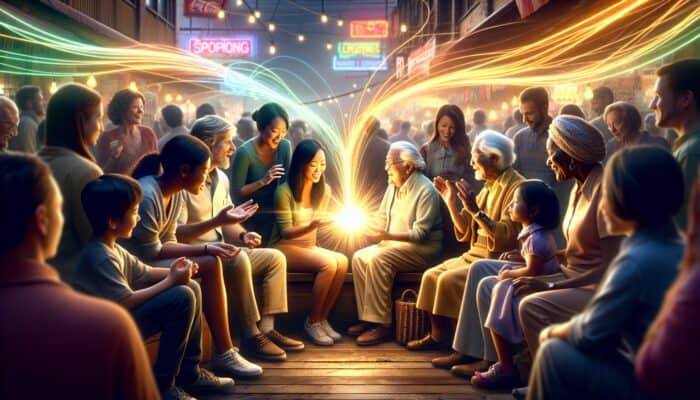 How to Use Storytelling in Supplement Ads: Diverse people sharing emotional stories around glowing products in a vibrant marketplace, with light threads weaving trust and brand loyalty.