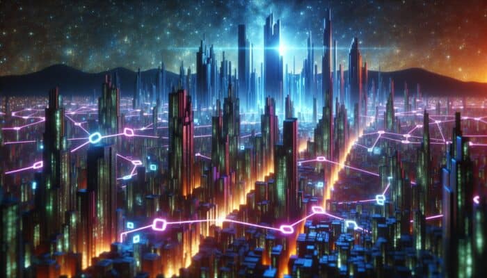 A futuristic cityscape with glowing link chains connecting skyscrapers, energy pulsing through data streams under a starry sky.