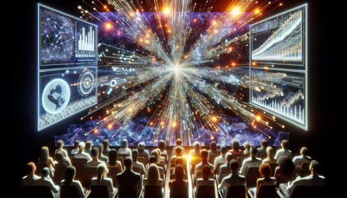 How to Create Data-Driven Video Storytelling: Glowing data charts and graphs merge into a captivating video narrative, engaging a diverse global audience on multiple screens.