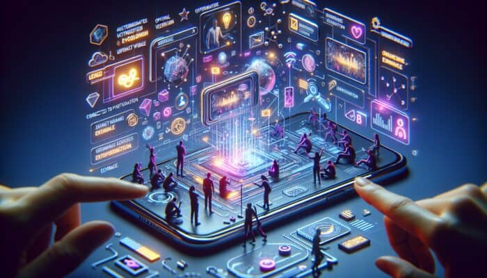 Shopper on smartphone using visual search in e-commerce app to access product video with futuristic UI and glowing icons.