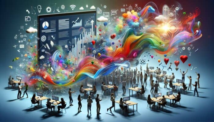 Diverse people engaging on social media: typing comments, voting in colorful polls, and chatting live on screens.