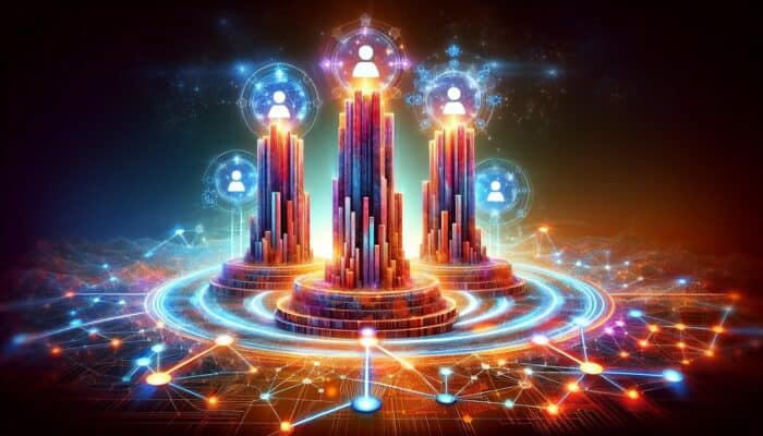 A vibrant digital landscape with E-E-A-T pillars rising over glowing backlinks, search results, and engaged users, symbolizing improved rankings.