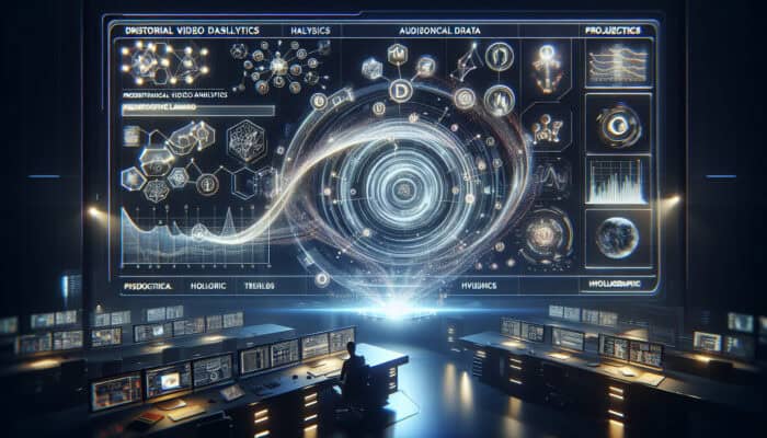 Futuristic digital dashboard for video analytics, featuring glowing screens, swirling data streams, graphs, demographics, and holographic algorithms in a high-tech lab.