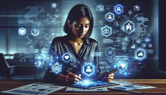 A marketer in a modern office analyzes social media icons of Instagram, Snapchat, and LinkedIn, surrounded by glowing demographic charts.