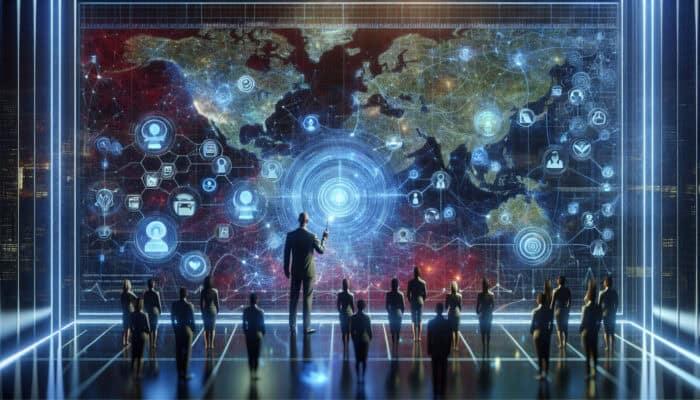 A host in a high-tech command center analyzes glowing social media streams, inspiring innovative event setups with diverse attendees.