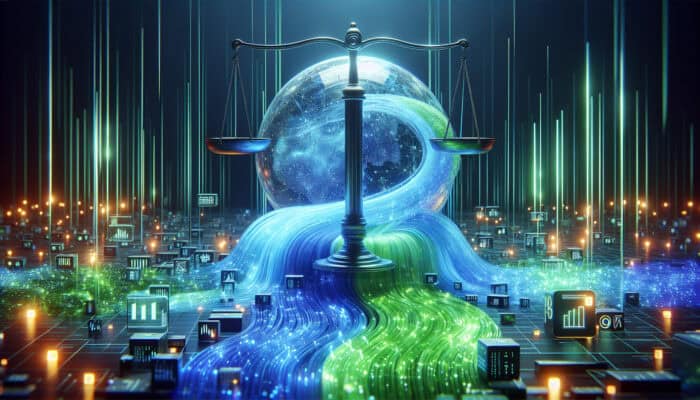 A futuristic digital landscape with glowing data streams flowing into a transparent orb, symbolizing ethical principles like transparency and fairness.