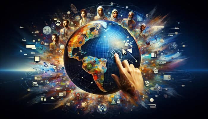 A vibrant digital globe surrounded by diverse people interacting with multilingual websites in English, Spanish, Chinese, and Arabic.