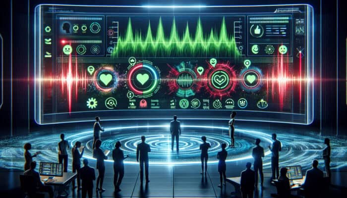 Futuristic digital interface analyzing reviews with green positive waves, red negative spikes, diverse users, emojis, and glowing AI circuits in a lab.