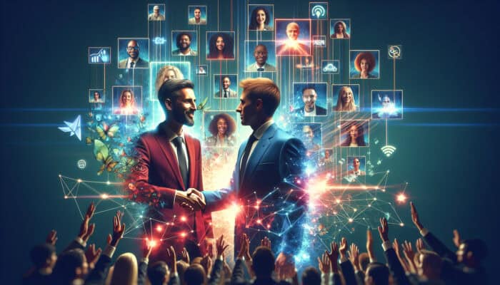 A charismatic influencer in modern attire shakes hands with a brand executive, surrounded by digital screens of diverse followers and holograms showing rising graphs of conversions, reach, and engagement.