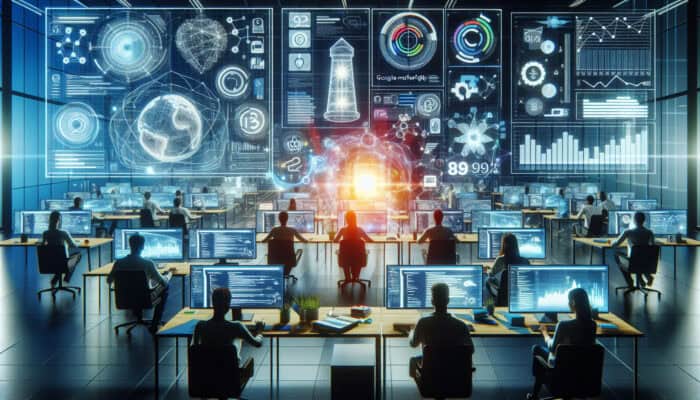 Futuristic lab with developers at computers showing Bootstrap grids, Mobile-Friendly Test results, Lighthouse icon, and analytics charts.