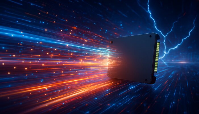 Futuristic SSD accelerating data streams in digital landscape for low-latency gaming.