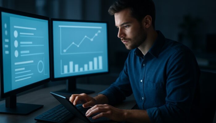 SEO expert at desk with screens showing Q&A forums, keyword graphs, and metrics, typing responses.