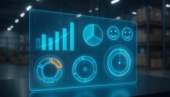 Holographic dashboard in futuristic warehouse tracking supplement order efficiency, customer icons, and inventory metrics