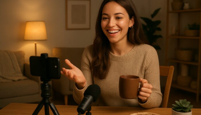 Micro-influencer live streaming in cozy room with warm lighting and genuine smiles to engaged audience