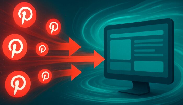Pinterest pins flowing via traffic arrows to sleek website dashboard in vibrant flat illustration