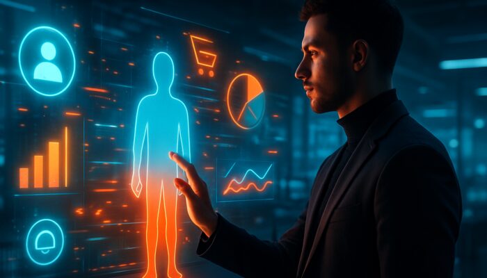 Futuristic marketer analyzing holographic buyer personas and survey data in sleek e-commerce hub.