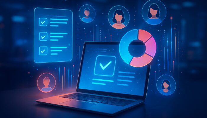 Futuristic workspace with holographic surveys, polls, pie charts and audience insights on laptop.