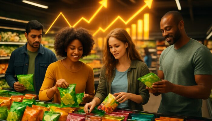 Diverse shoppers selecting plant-based snacks in vibrant market with glowing upward trend charts overhead.
