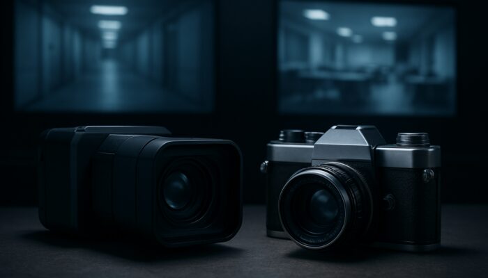 Digital camera and vintage analog lens side by side in dimly lit surveillance room