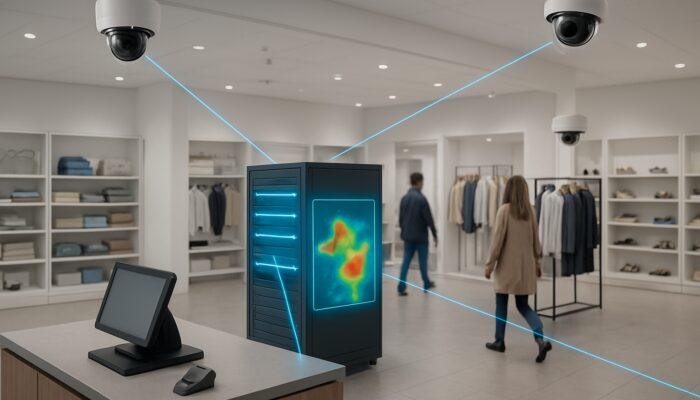 Retail store CCTV cameras linked to server displaying real-time video analytics and foot traffic heatmaps