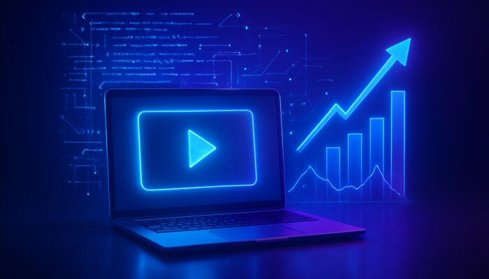 Futuristic laptop with glowing video player, schema markup code, ranking arrows, and visibility charts in neon blue-purple.