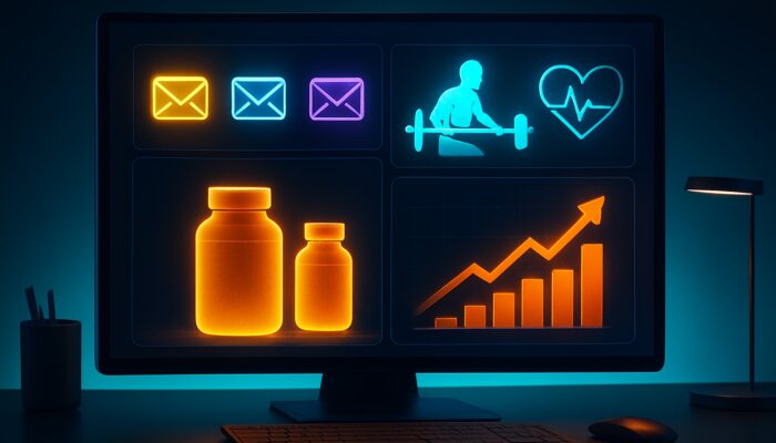 Futuristic dashboard showcasing email marketing platforms for supplement sales with graphs and fitness icons