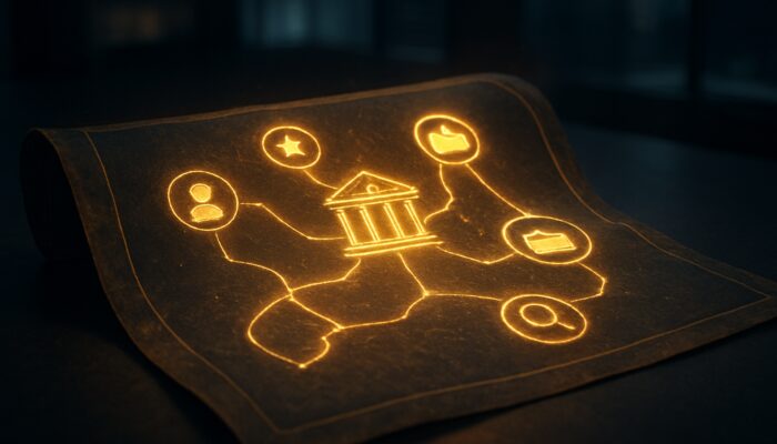 Luminous digital directory unfurls like treasure map with golden hyperlinks and professional icons.
