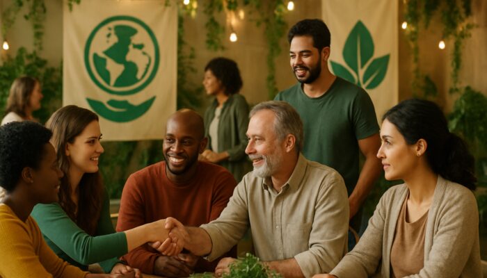 Diverse community members collaborate on social causes at purpose-driven eco-friendly event with symbolic banners.