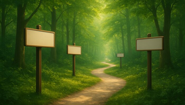 Luminous forest path with clean keyword-rich URL signposts guiding search bots and users