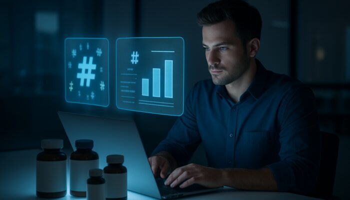 Digital marketer analyzing floating hashtag clouds and supplement keywords on holographic screens in modern office