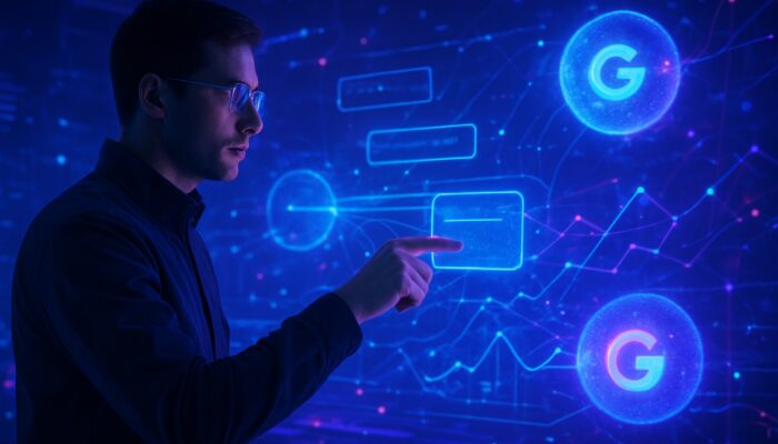 Futuristic analyst aligning holographic Google AI search trends and graphs in neon workspace