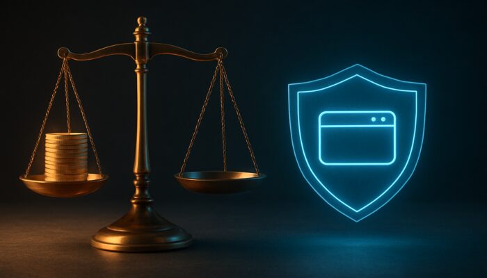 Balance scale weighing coins against digital shield guarding website domain for privacy vs pricing trade-off
