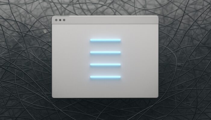 Minimalist webpage with focused glowing links forming a clear path amid chaotic tangled excess links