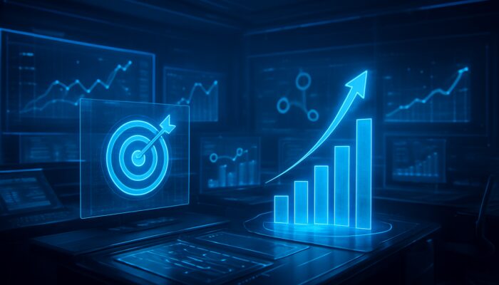 Futuristic control room with glowing bid strategy holograms, target CPA, and upward conversion arrows.