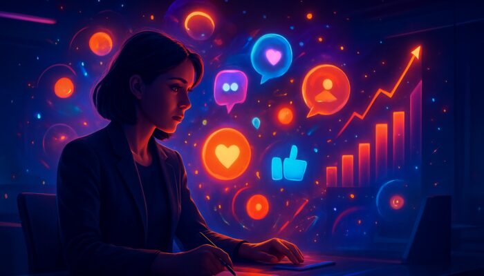 Marketer in neon workspace amid exploding social icons, rising engagement charts, and glowing content bubbles.