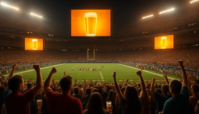 Vibrant stadium crowd cheering with glowing beverage ads flashing on screens during championship game.