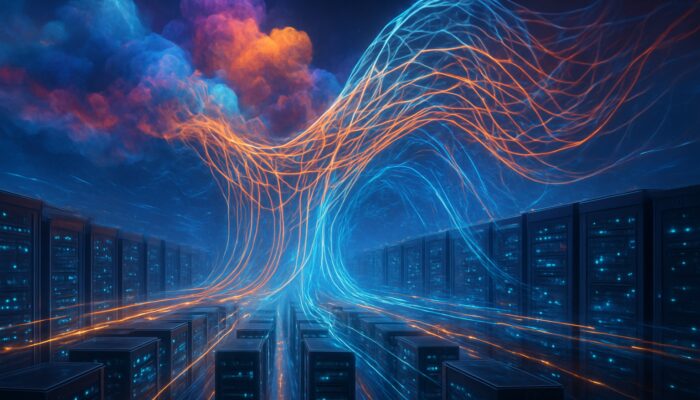 Vibrant digital clouds morphing into elastic scaffolds over bustling e-commerce hub with glowing data streams.