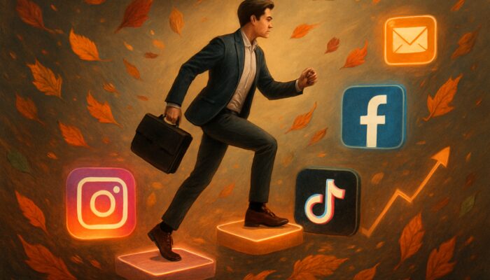 Marketer navigating glowing Instagram, TikTok, Facebook icons amid seasonal leaves and performance charts in surreal illustration.