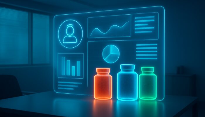 Futuristic holographic CRM dashboard for supplement brands with glowing analytics and vitamin bottles in modern office.