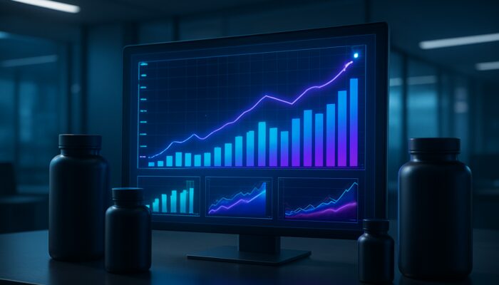 Futuristic holographic CRM dashboard with ascending charts for supplement brand retention and conversion metrics.