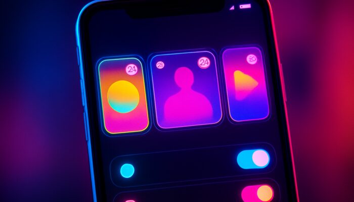 Neon Snapchat stories interface on smartphone with colorful thumbnails, 24-hour timers, and privacy toggles.