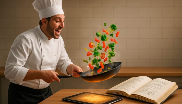 Split-screen kitchen scene contrasting vibrant chef cooking video on tablet with open printed recipe book on counter.
