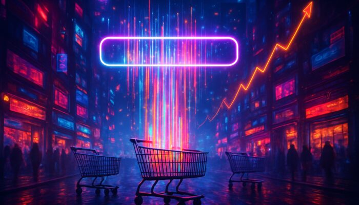 Cyberpunk marketplace with glowing keywords streaming into shopping carts amid rising traffic graphs and conversion sparks