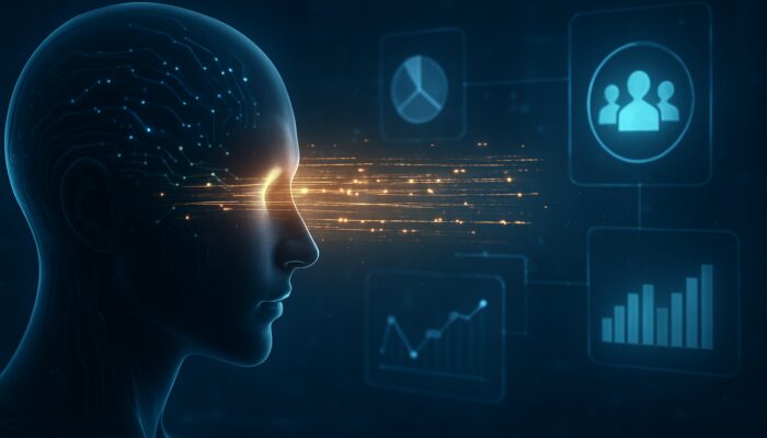 Futuristic AI neural interface scanning glowing data streams with marketing charts and audience icons.
