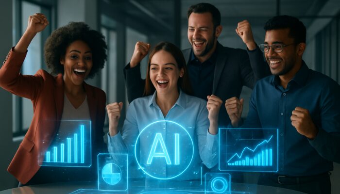 Diverse marketers celebrating AI analytics success on holographic dashboards in sleek office