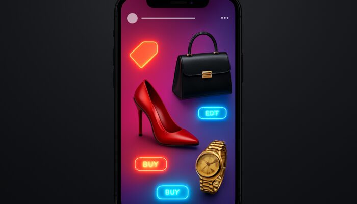 Sleek smartphone displaying Instagram story with tagged luxury fashion items and glowing buy buttons.